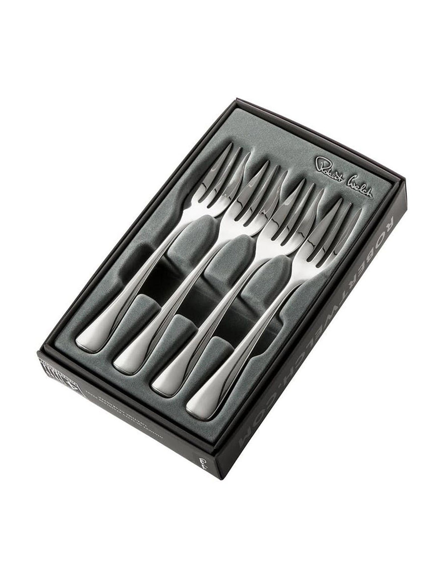 Four Robert Welch Malvern Bright Pastry Forks in a Gift box