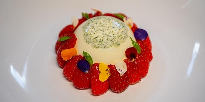 Dessert Plating: Basil Panna Cotta with  Strawberries & Edible Flowers