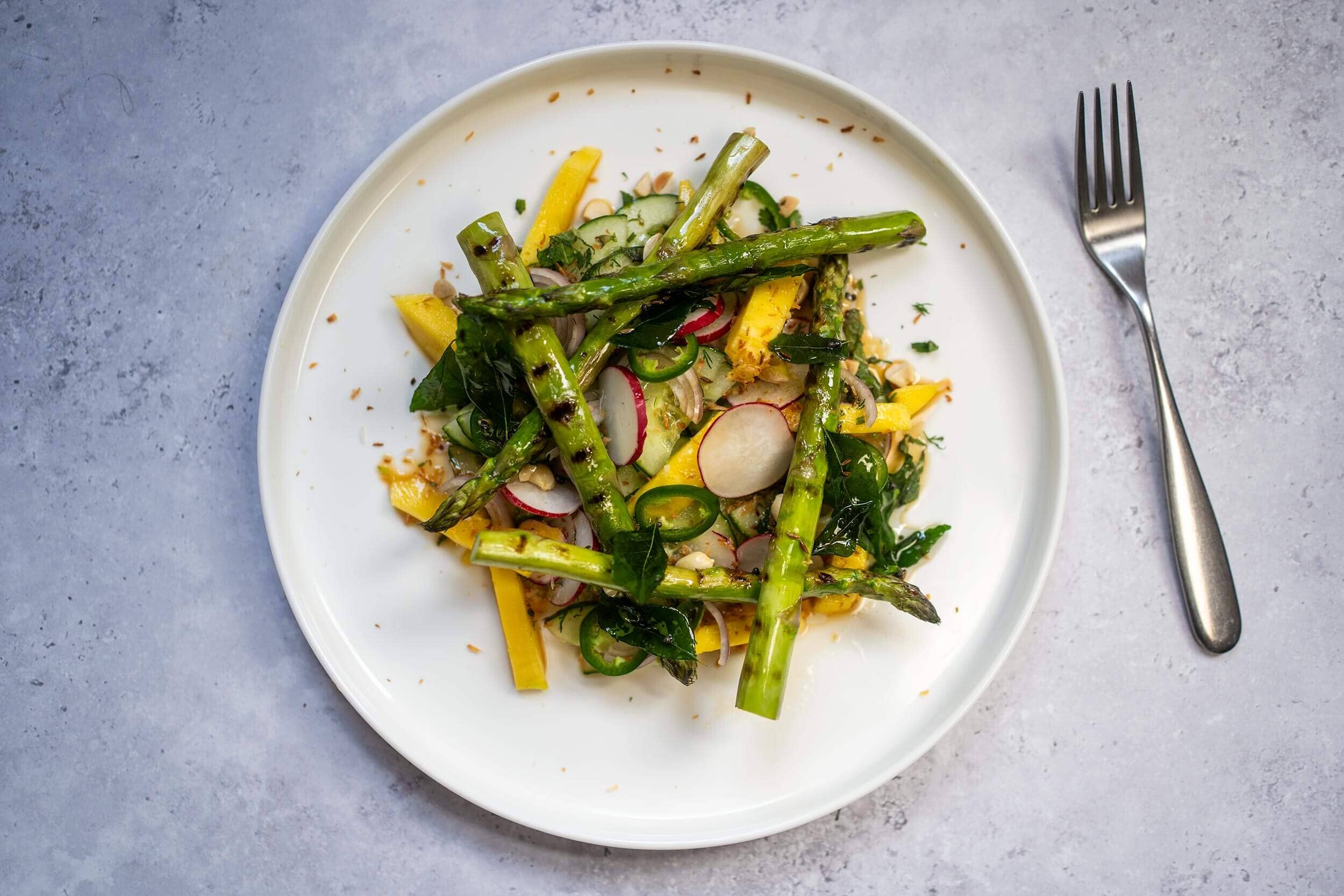 Charred asparagus, mango and coconut 