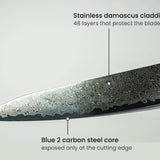 Season Blue 2 Chef's Knife: stainless damascus cladding and the Blue 2 carbon steel core at the cutting edge