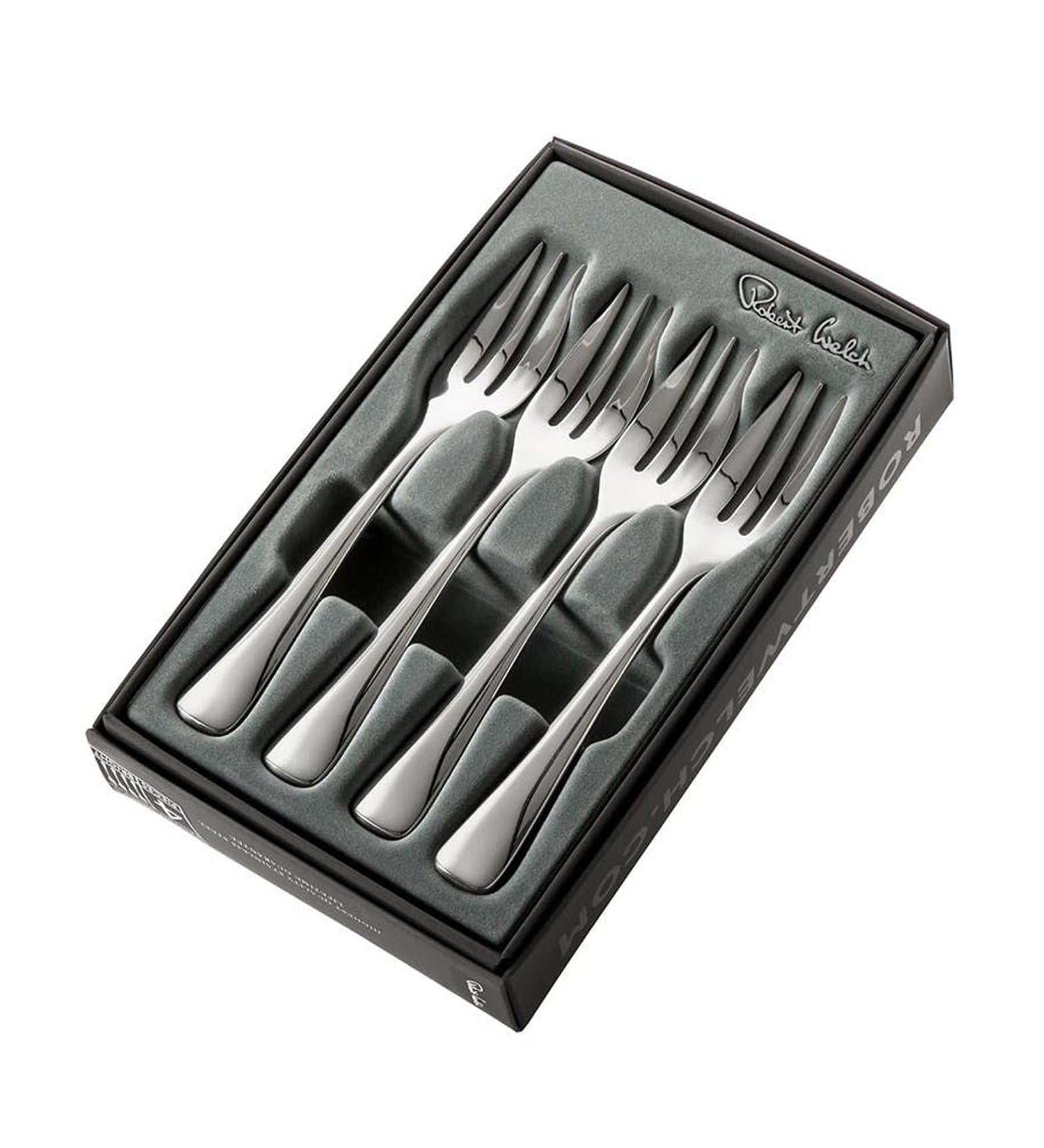 Four Robert Welch Malvern Bright Pastry Forks in a Gift box