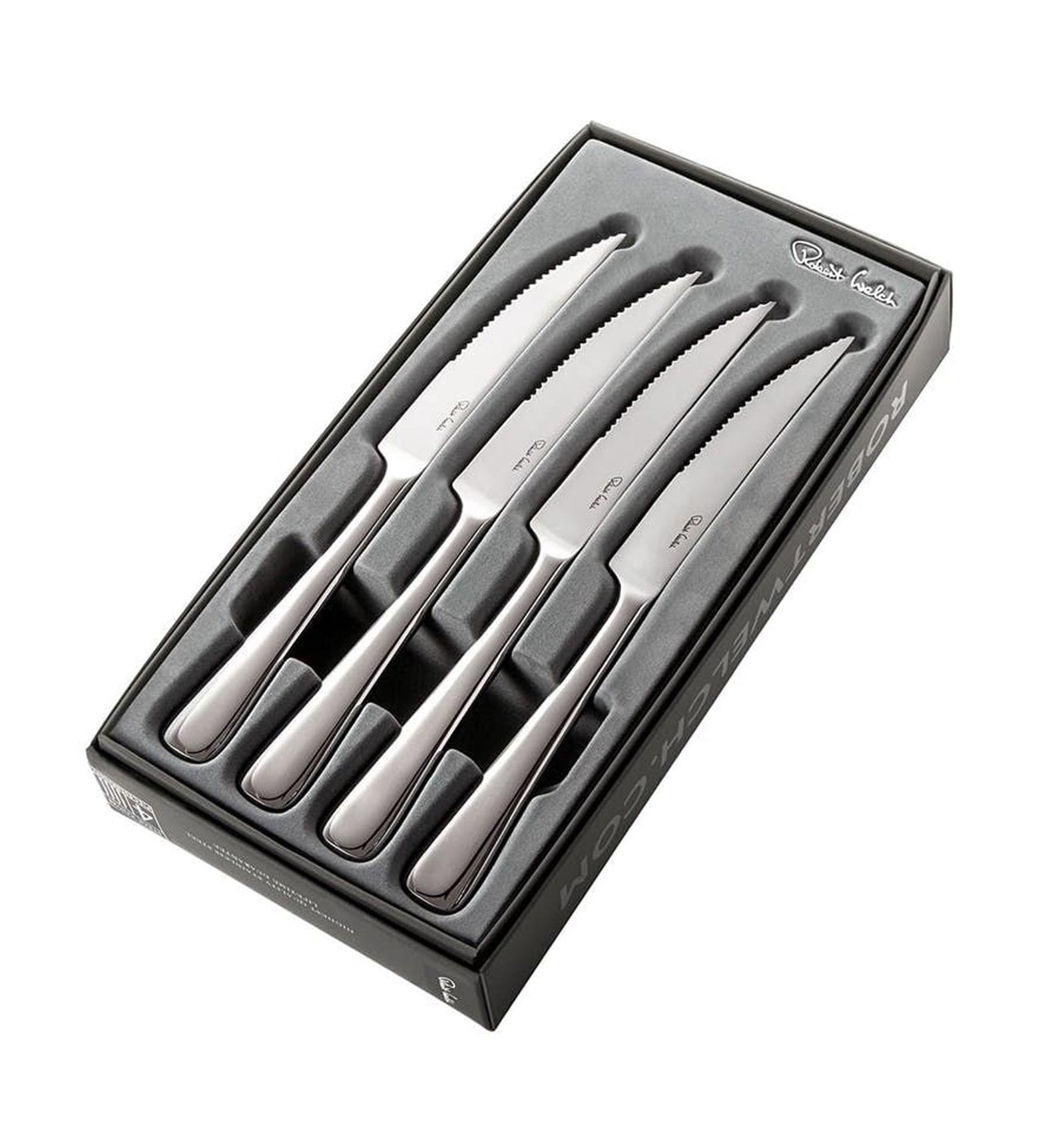 Four stainless steel Robert Welch Malvern Steak Knives in a gift box