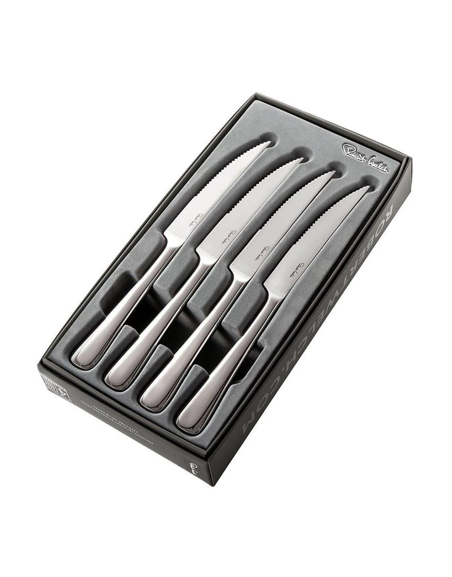 Four stainless steel Robert Welch Malvern Steak Knives in a gift box